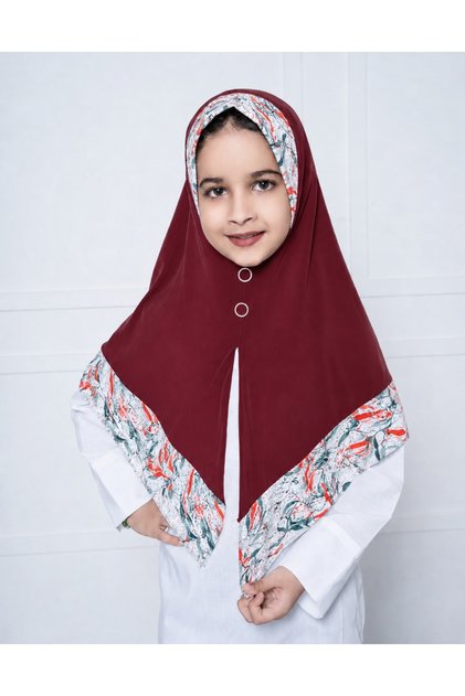 Girls Hijab for Kids – Stylish Modest Islamic Headscarf for Muslim Girls, Printed Trim Kids Hijab with Front Button Detail