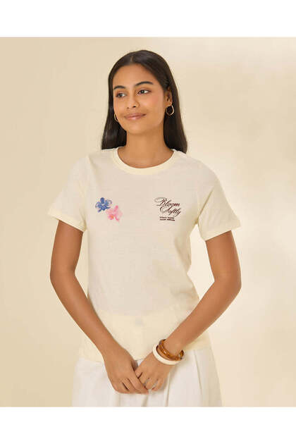 Women Cream Floral Graphic T Shirt