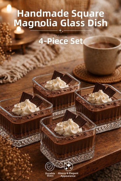 Handmade Glass, Set of 4 Square Magnolia Bowls - Modern Striped Dessert and Presentation Bowl