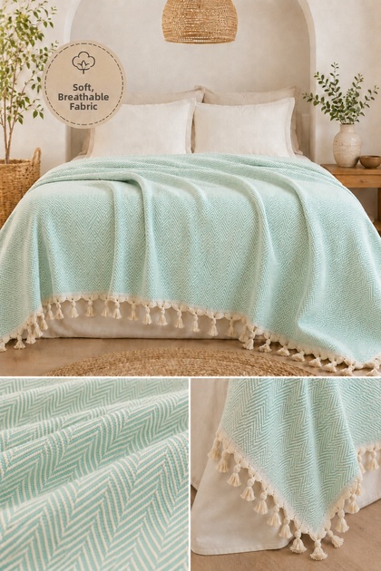 Cotton Multi-Purpose Pique 220X240 Double Bedspread Sofa Cover Tv Shawl with Tassels