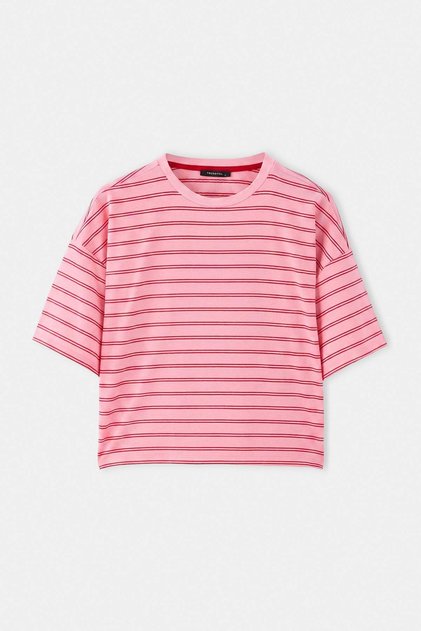 Pembe Çizgili Boxy/Relaxed Kalıp Bisiklet Yaka Kısa Kollu Örme T-Shirt TWOSS26TS00048