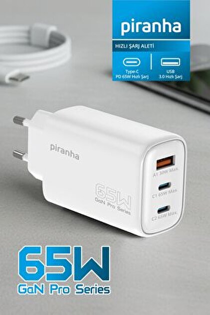 Piranha 3393 65W GaN Pro Hızlı Şarj Aleti 2 Type-C 1 USB PD Hızlı