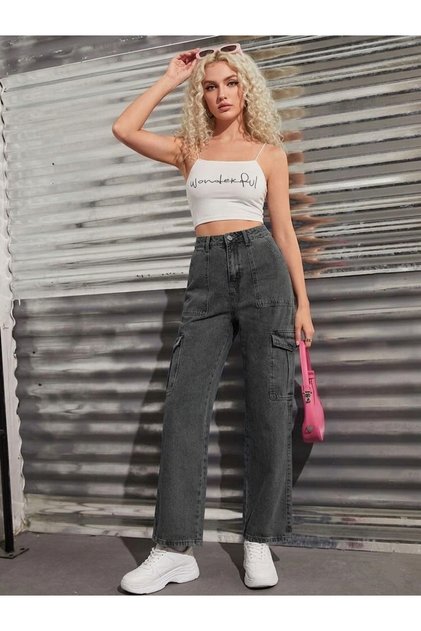 Smoked Cargo Pocket High Waist Loose Wide Leg Denim Trousers Flare Jean