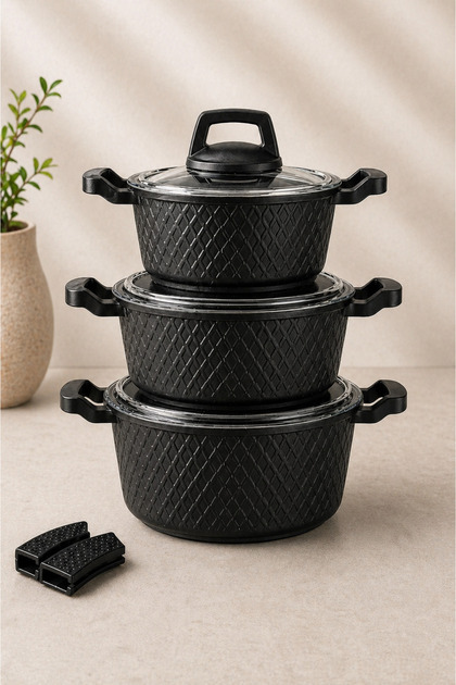 Obsidian 6 Piece Cast Granite Cookware Set Black | Non-Stick Scratch Resistant | With Glass Cover | Dowry Pot Set