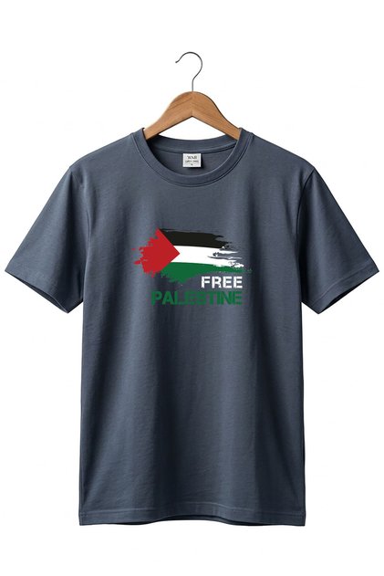 تي شيرت فري فلسطين مطبوع عليه فلسطين الحرة، مصنوع من القطن بنسبة 100%، باللون الرمادي الداكن الفاخر