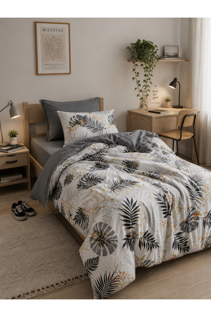 Elastic Sheet Single Duvet Cover Set Monstera Gray