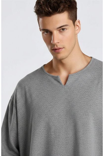 Men's White Long Sleeve Slit Collar Oversize T-Shirt Basic Relaxed Fit Top E5 20150