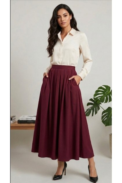 Women's Modest Burgundy Long Flared Skirt with Pockets