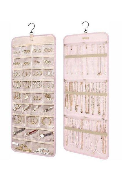 Double-Sided Hanging Necklace Organizer with Metal Hooks, Jewelry Holder for Closet Door Wall