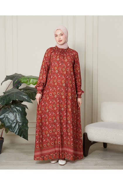 Drawstring Collar Floral Print Hijab Dress Comfortable Fit Spring Season Mother's Prayer Hijab Dress