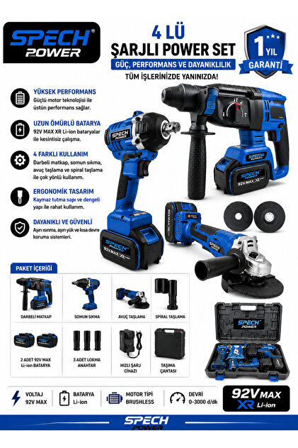 Spech Power 3 Lü Set Şarjlı Kırıcı + Şarjlı Taşlama + Bijon Somun