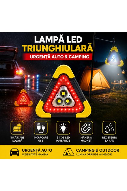 Lampa LED avertizare auto triunghiulara 3 COB iluminat urgenta camping incarcare solara si USB