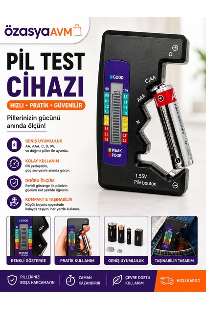 Evrensel Dijital Pil Test Cihazı – AA, AAA, C, D, N, 9V ve Düğme Pil Uyumlu Mini Pil Kapasite & Seviye Ölçer