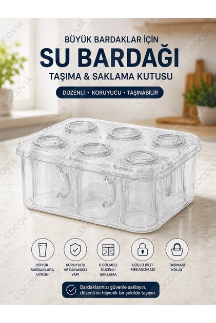 Pratik Büyük Boy 6 Bölmeli Su Bardağı Taşıma/ Büyü Bardak Saklama Kutusu Seyahat Karavan Piknik Malzemesi ( 1 ADET )