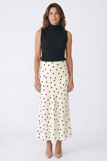 Black Polka Dot A-Line High Waist Satin Skirt - Cream Polka Dot