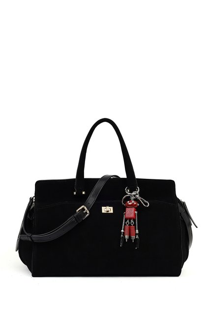 Women's Black Long Strap Suede Shoulder Bag with Accessories 25Wbd256010