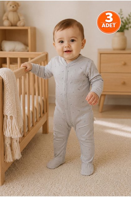 Gray Panda Printed Unisex Cotton Long Sleeve Snap-Footed Baby Rompers Set of 3