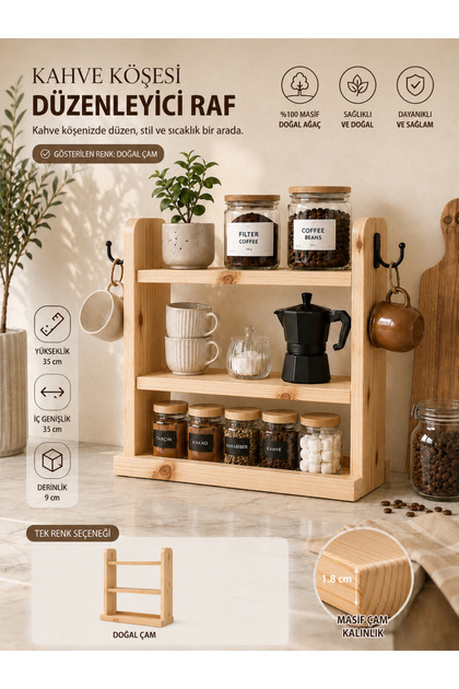 Kahve Köşesi Düzenleyici Raf Baharatlık Organizer Masif Ahşap Kupa Askılı Stand