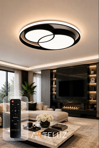 Modern Çift Yuvarlak Model Plafonyer Led Avize Tavan Model 3 Renk Avize Salon Led Lambası Kumandalı