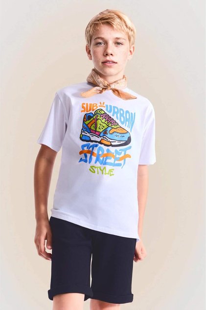 %100 Pamuk New Regular Fit Bisiklet Yaka Baskılı Kısa Kollu Tişört Erkek Çocuk H4327A826HS