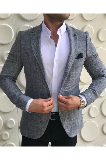 Italyan Stil Slim Fit Dar Kesim Gri Tek Ceket