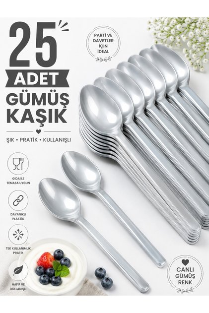 25 Adet Gümüş (Silver) Renk LÜX SERT PLASTİK Kaşık (18 Cm) Parti Doğum Günü Sunum Davet Nişan Söz Akrilik Mika Organizasyon Etkinlik Kullan At