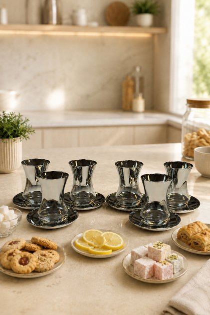 Dila Series Glass Titanium Coated Silver Tea Cup Set 12 Pieces Modern Presentation Set for 6 People