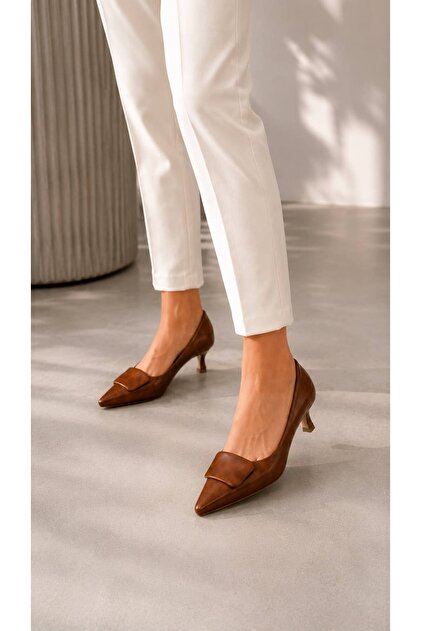 Women's Tan Pointed Toe Square Buckle Thin Heeled Classic Shoes Comfortable Fit Office and Daily Use
