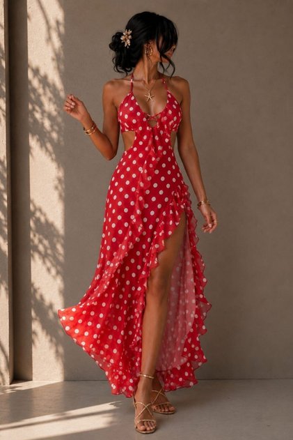 Thin Straps Ruffle Slit Polka Dot Long Dress