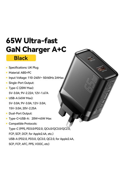 UK Black A C 65W GaN Charger USB PD Type C Fast Charging Phone Adapter QC3.0 For iP