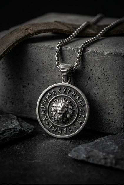 Viking Handcrafted Stainless Steel Chain Men's Necklace with Lion