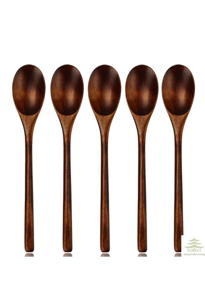 5PCS Spoon 5 Pieces Wooden Spoon Soup Spoon and Fork Tableware Natural Ellipse Ladle Spoon Set Eco F