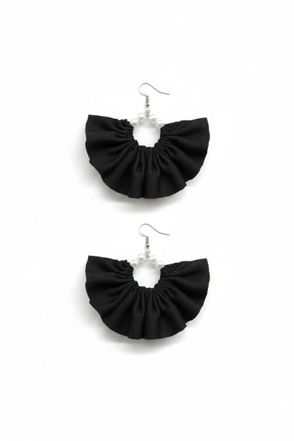 Women's Silver Color Hoop Dangle Earrings β Black Fabric Pearl Design