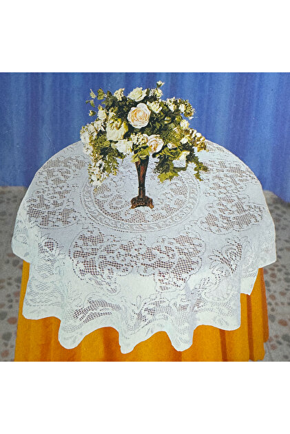 90X90Cm White Artistic Embroidered Bouquet White Woven Round Tablecloth, Suitable for Table Lamp Cov