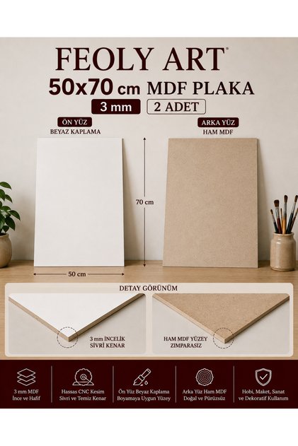 MDF - 50x70cm Beyaz Lam MDF Plaka | 3mm / 2 Adet | Ahşap Boyama, Maket, Hobi ve Dekorasyon |