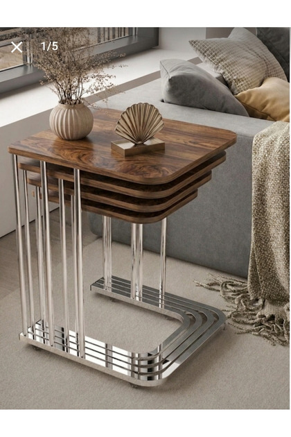 4LÜ TEKERLEKLİ GÜMÜŞ METAL BAROK CEVİZ TABLA ZİGON SEHPA ORTA SEHPA YAN SEHPA