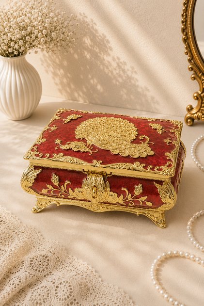 Gold Detailed Embroidered Vintage Jewelry Box