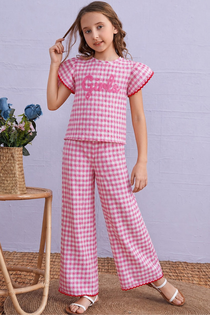 Girls' 100% Cotton Seersucker Fabric Plaid Pattern Short Sleeve Set Relaxed Fit Summer Two-Piece Set