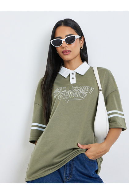 Green Slogan Contrast Collar Oversized Polo T-Shirt
