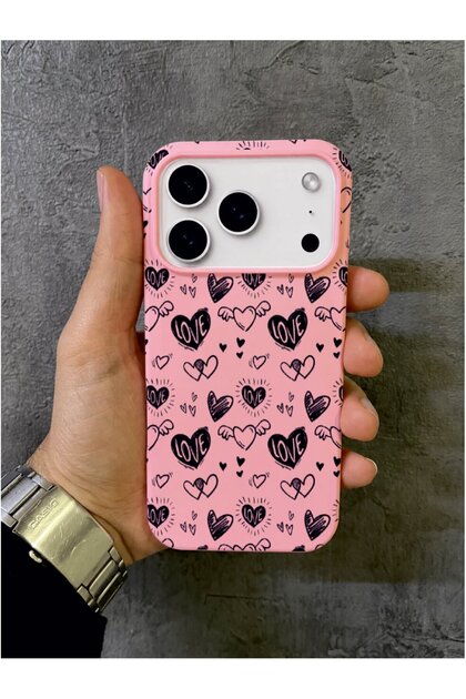 iPhone 17 Pro Compatible Black Heart Patterned Pink Case