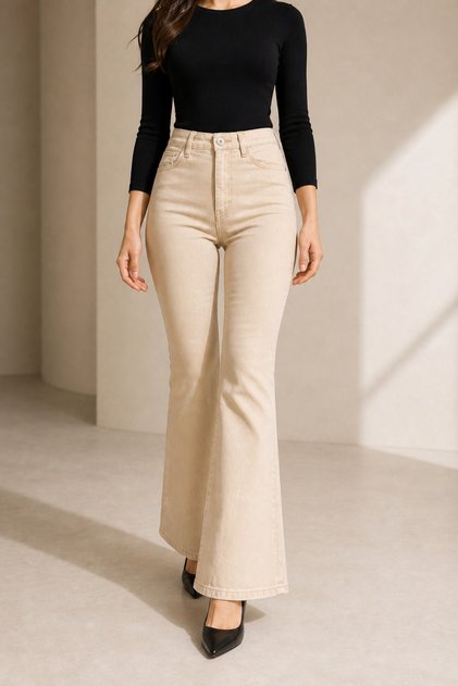 Lera Women's Beige High Waist Lycra Comfortable Spanish Flare Jeans