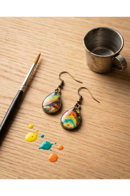 Bronze Brown-Green Drop Polymer Clay Handmade Earrings
