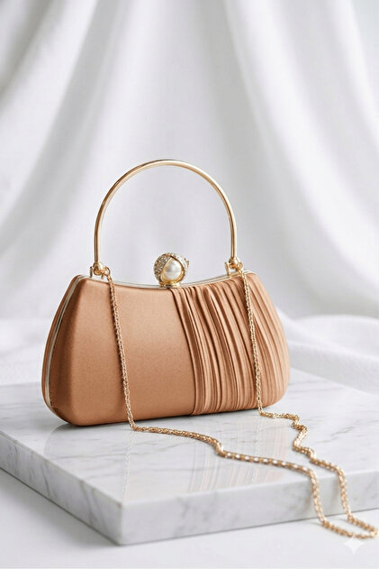 Famels Satin Sequined Evening Dress Bag, Handbag, Pearl Stone Evening Dress  Stylish Bag, Gold Case- Trendyol