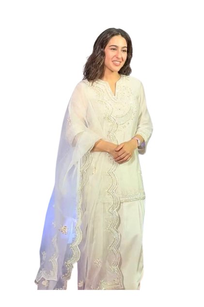 White Natural Silk Embroidered Palazzo Set with Net Dupatta - HRT7603 | White