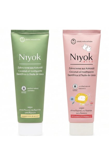 Set de 2 pastă de dinți cu ulei de cocos, Mentă Lămâie + Căpșuni Zmeură pentru copii, Niyok, 2x75 ml