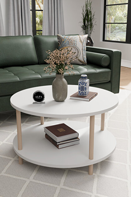 Modern Yuvarlak Orta Sehpa 60 CM 2 Raflı Ahşap Ayaklı Çok Amaçlı Organizer Sehpa