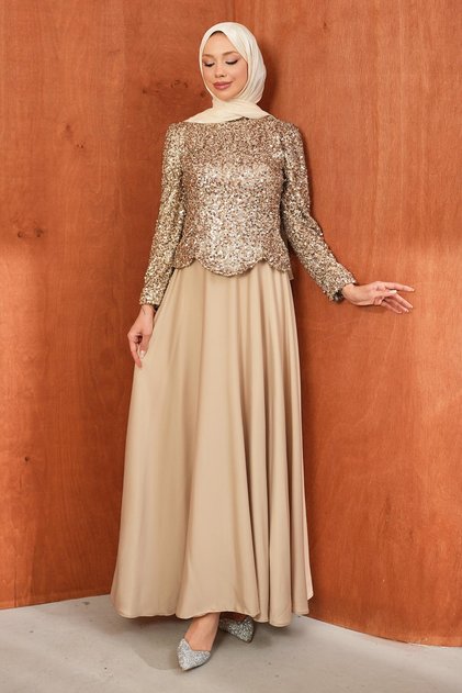 Beige Top Sequined Design Evening Dress