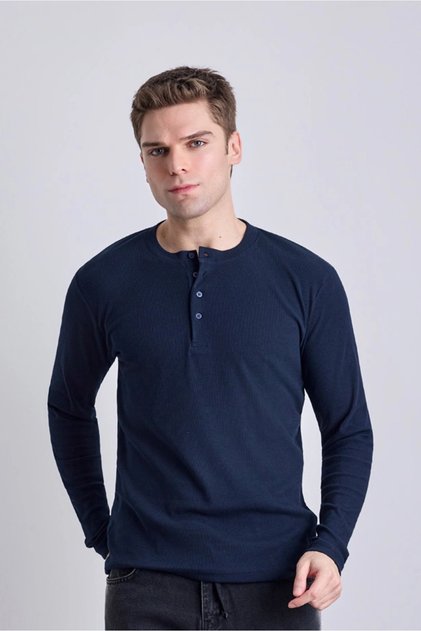 Buttoned Ribbed Cotton Basic Long Sleeve T-Shirt