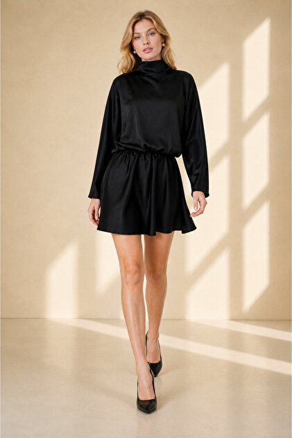 Black Satin Fabric Special Collar Tie Detail Elastic Waist Women's Mini Dress 77158