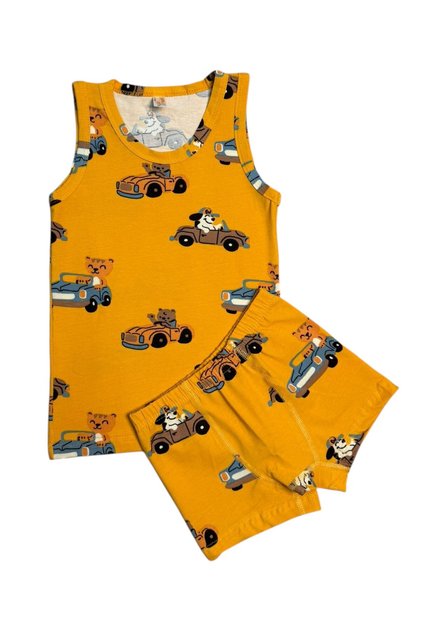 Boy's 100% Cotton Fabric Orange Color Car Cat Dog Patterned Underwear Set with Stitched Details